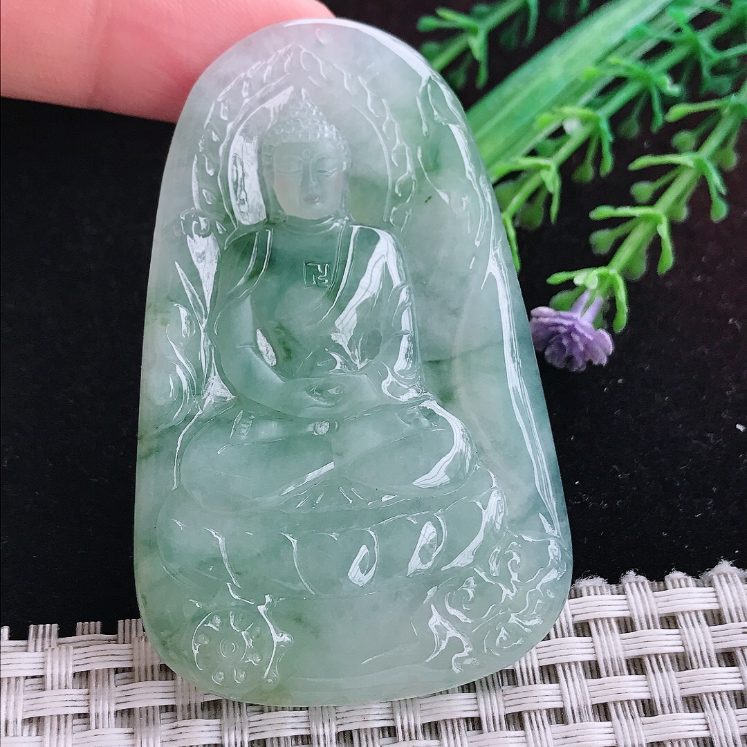 实拍A货翡翠65.5/42.6/5.6老坑冰润起胶冰飘花如来佛祖吊坠翡翠挂件玉牌