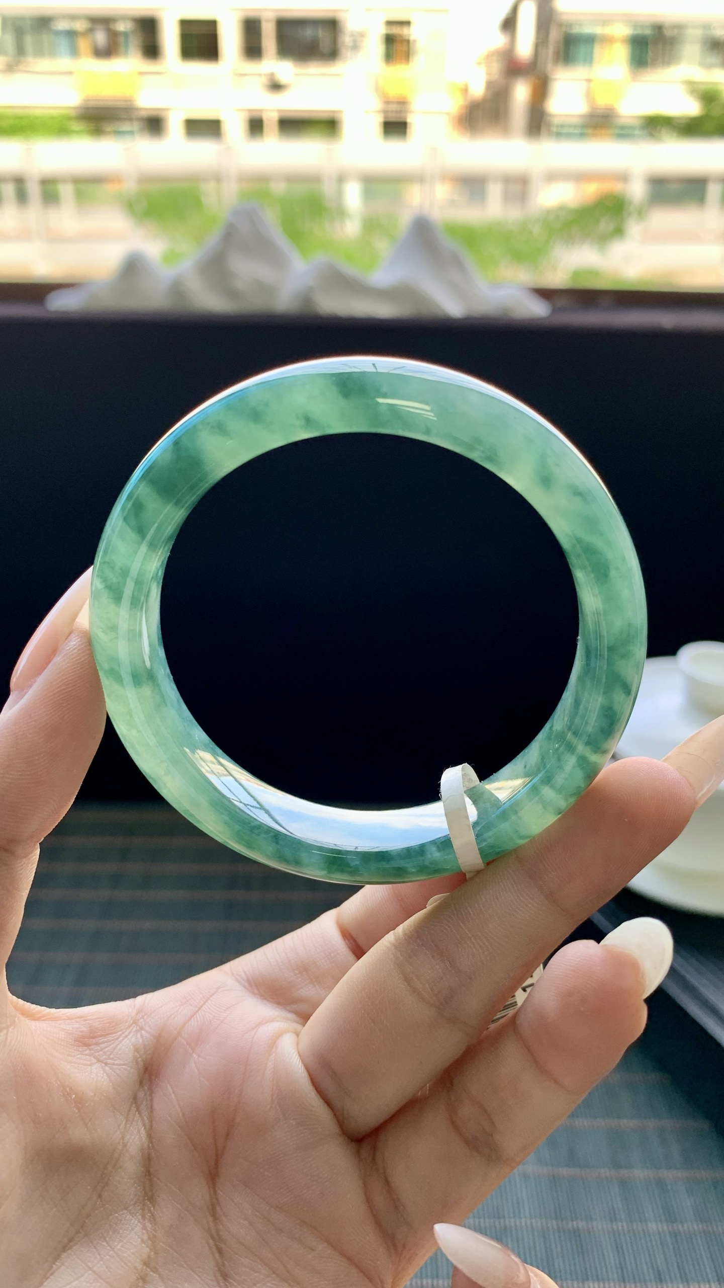 湖水绿冰飘花正圈手镯成品 G63-17 尺寸：54.5-12-8，G63-17