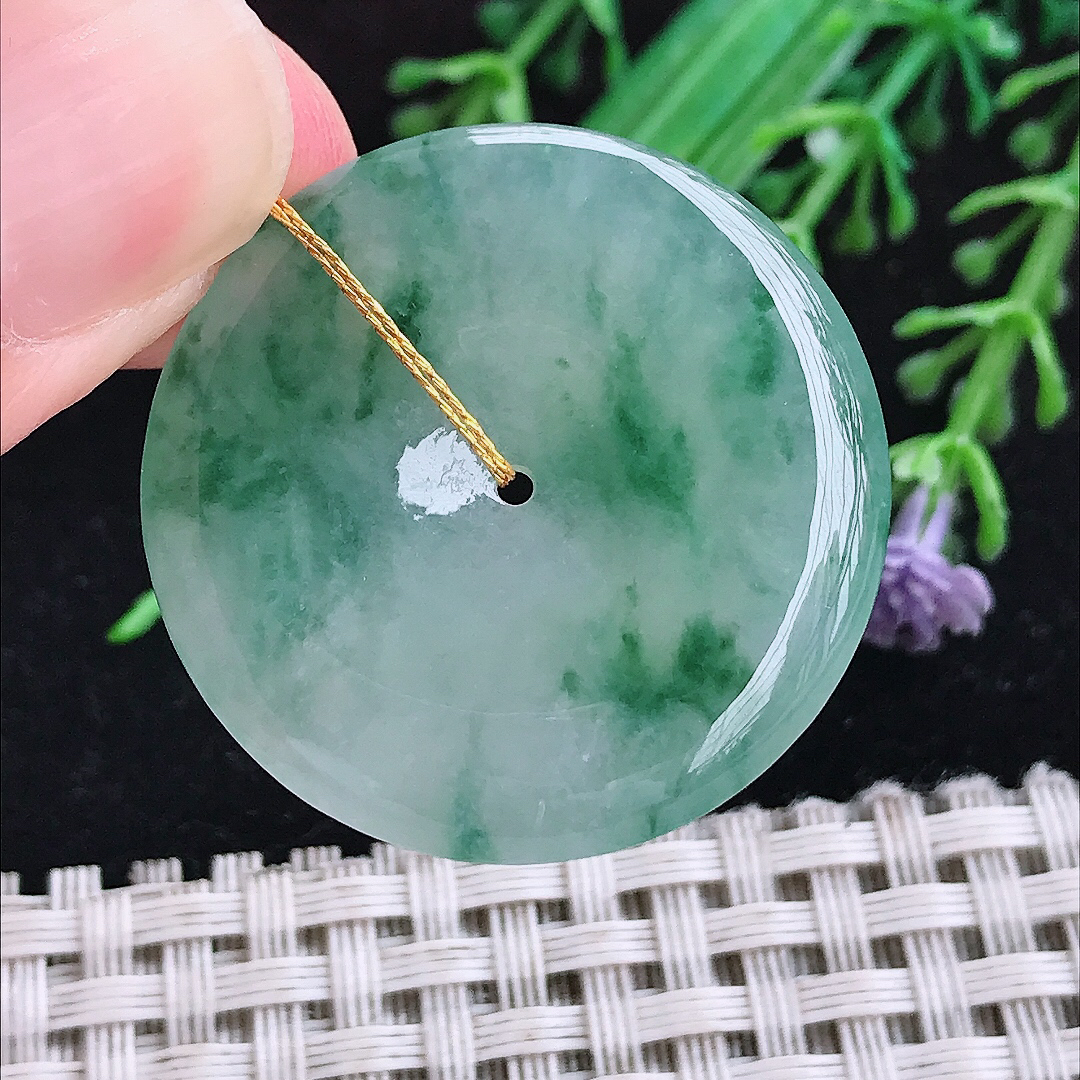 实拍A货翡翠32.4/5.6老坑冰胶冰飘花平安扣吊坠翡翠挂件玉扣