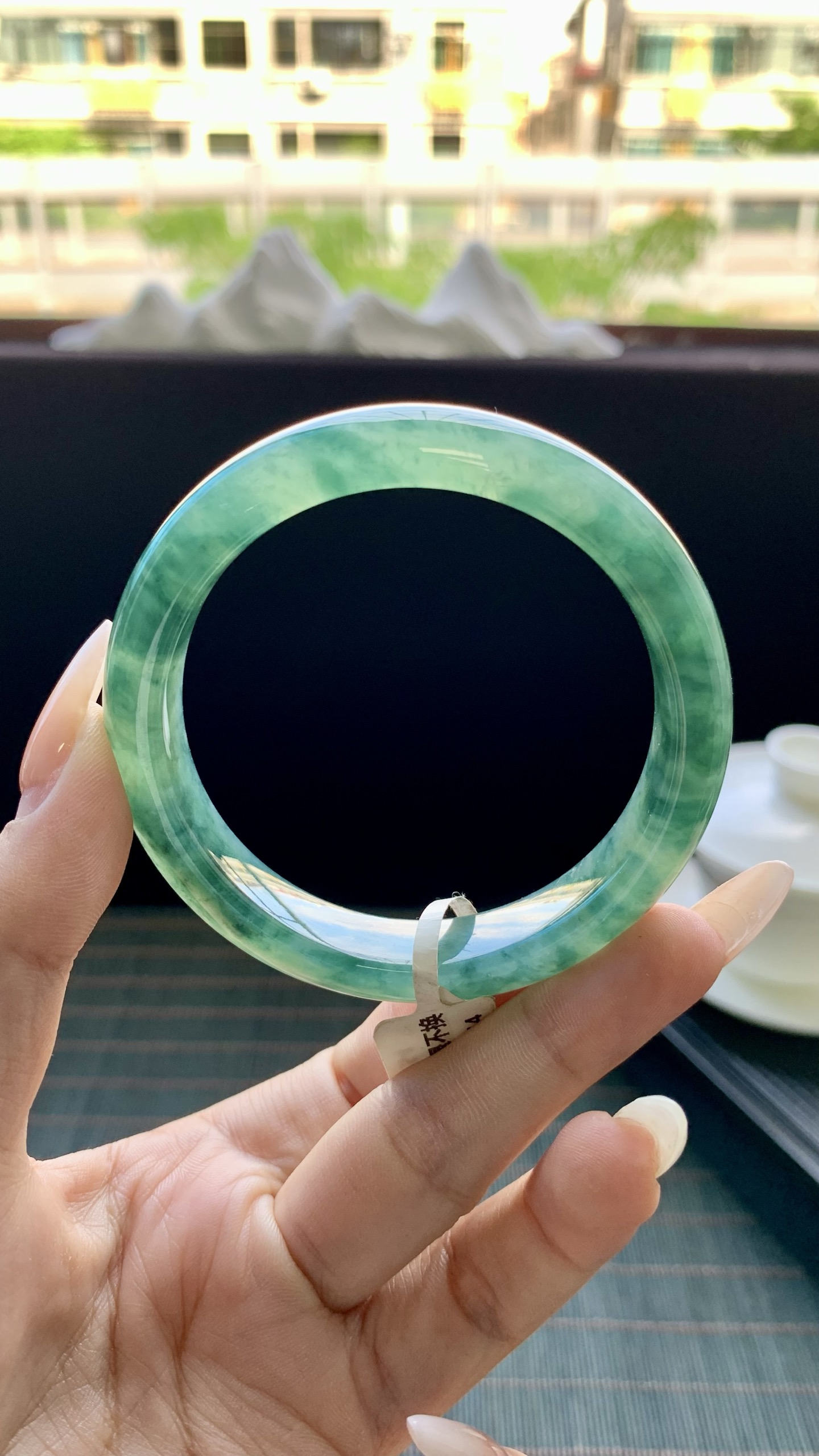 湖水绿冰飘花正圈手镯成品 G63-17 尺寸：54.5-12-8，G63-17