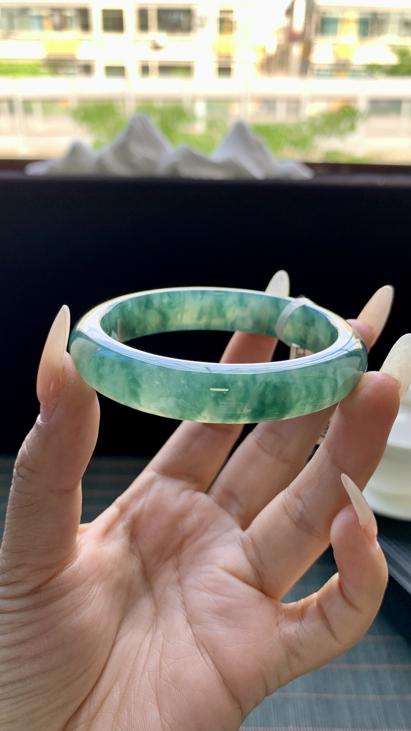 湖水绿冰飘花正圈手镯成品 G63-17 尺寸：54.5-12-8，G63-17