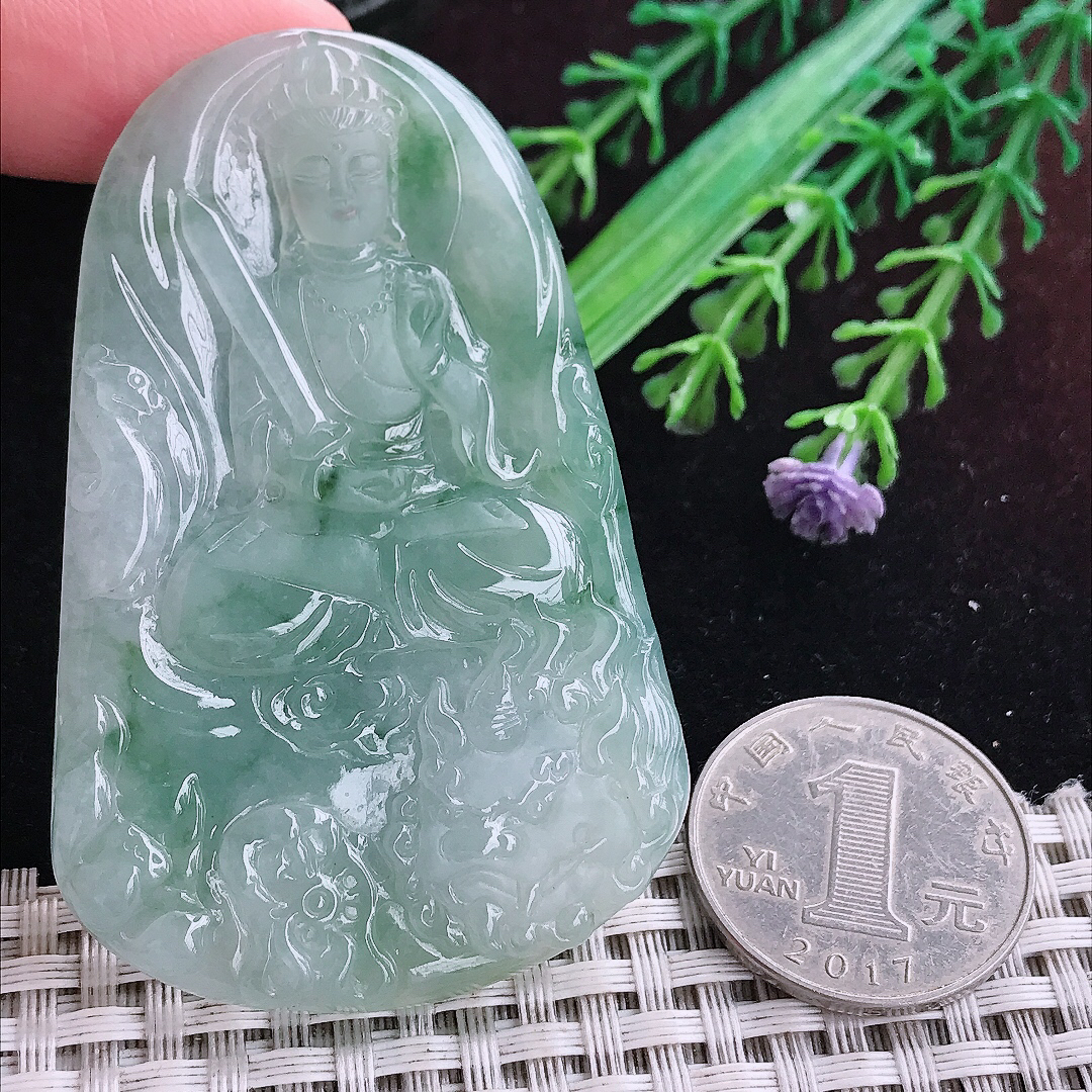 实拍A货翡翠66/43/5.3老坑冰胶飘花文殊菩萨吊坠翡翠挂件玉牌