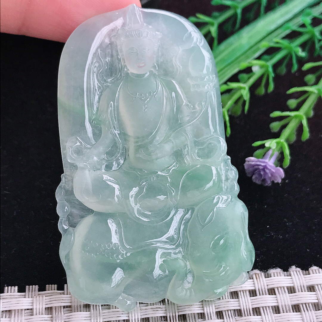实拍A货翡翠64/42.5/6老坑冰种起胶冰晴普贤菩萨吊坠翡翠玉牌