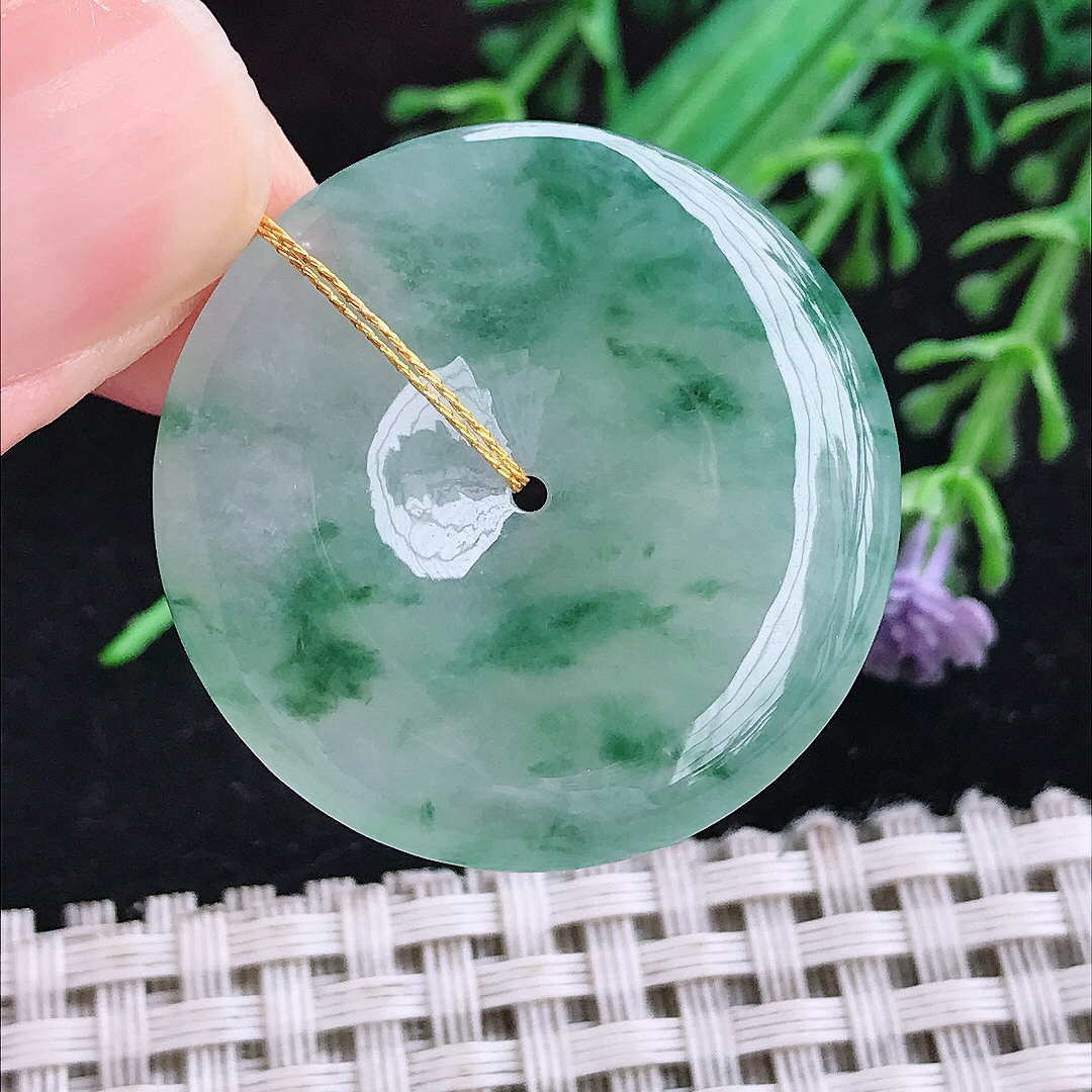 实拍A货翡翠32.4/5.6老坑冰胶冰飘花平安扣吊坠翡翠挂件玉扣