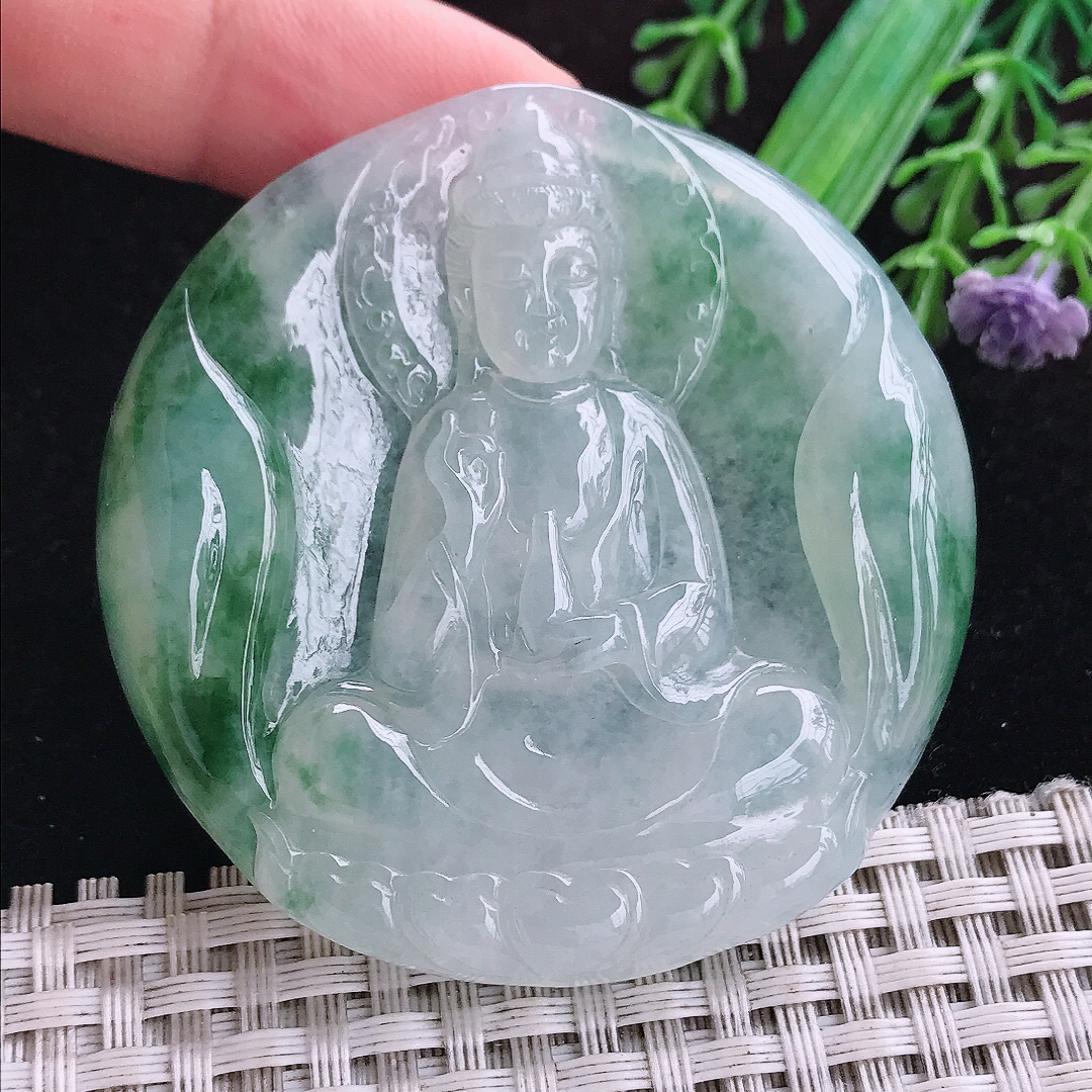 实拍A货翡翠56.3/7.6老坑冰润起胶冰飘花赐福观音吊坠翡翠挂件玉牌