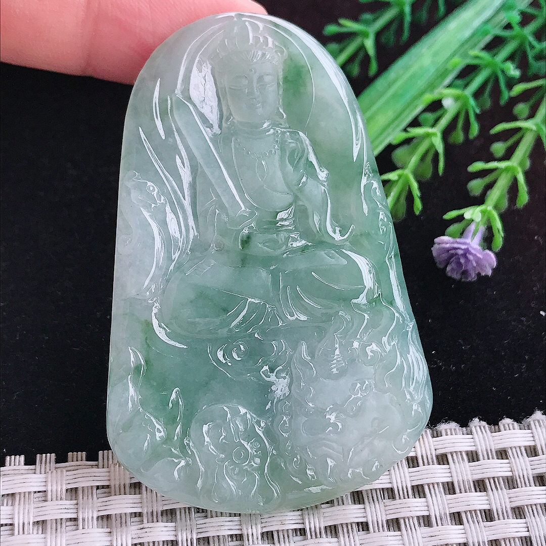 实拍A货翡翠66/43/5.3老坑冰胶飘花文殊菩萨吊坠翡翠挂件玉牌