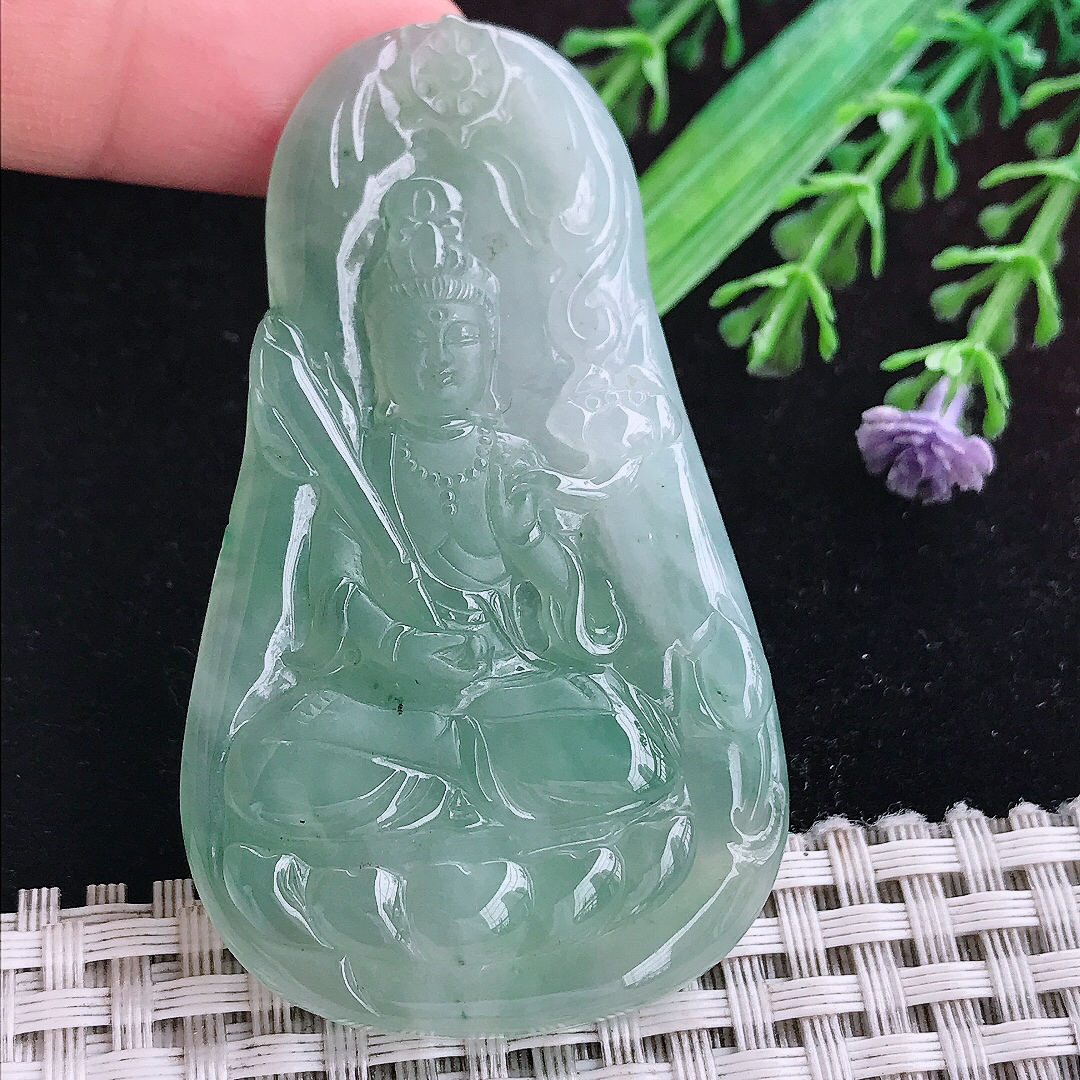 实拍A货翡翠63/37/6老坑冰胶晴底虚空藏菩萨吊坠翡翠挂件玉牌