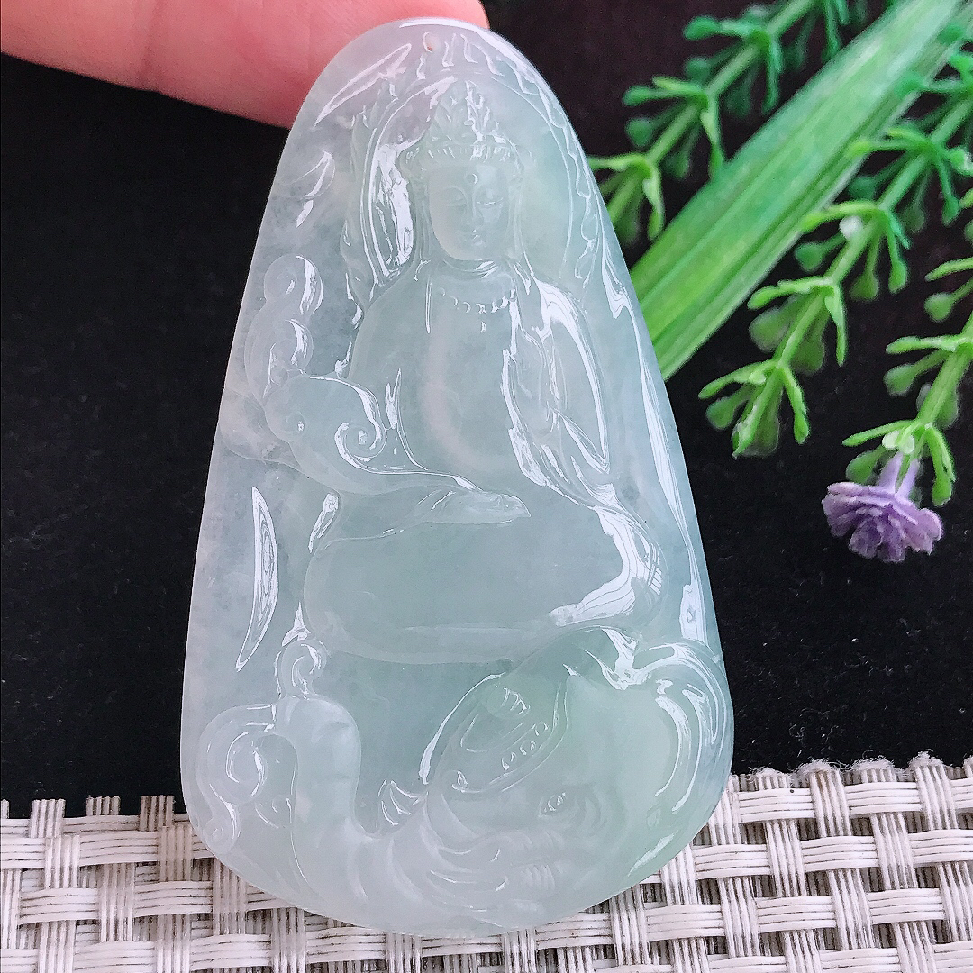 实拍A货翡翠67/40/5.8老坑冰胶果冻晴底普贤菩萨吊坠生肖守护神
