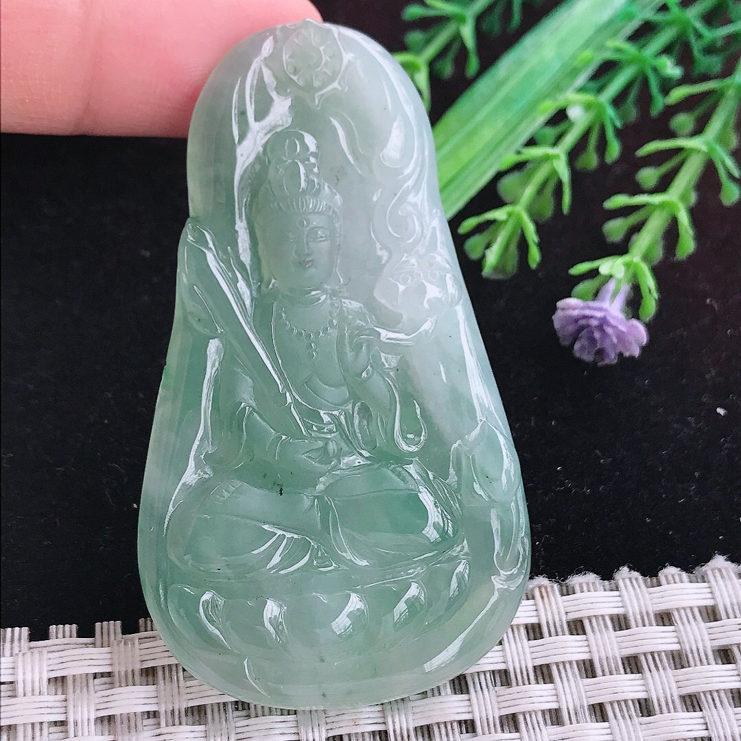 实拍A货翡翠63/37/6老坑冰胶晴底虚空藏菩萨吊坠翡翠挂件玉牌