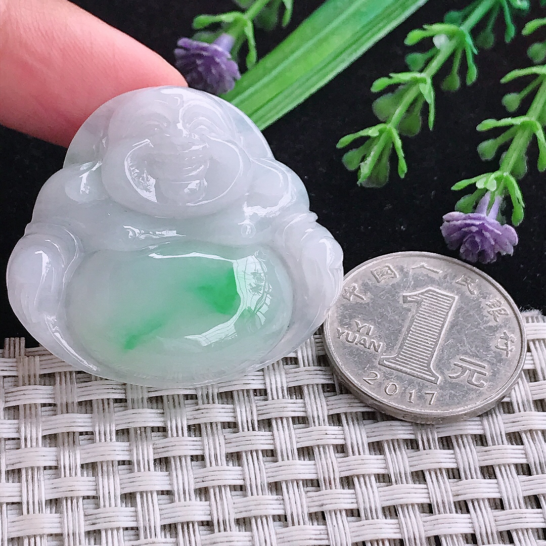 实拍A货翡翠36/40/7.8老坑冰润白底青佛公吊坠翡翠挂件玉牌