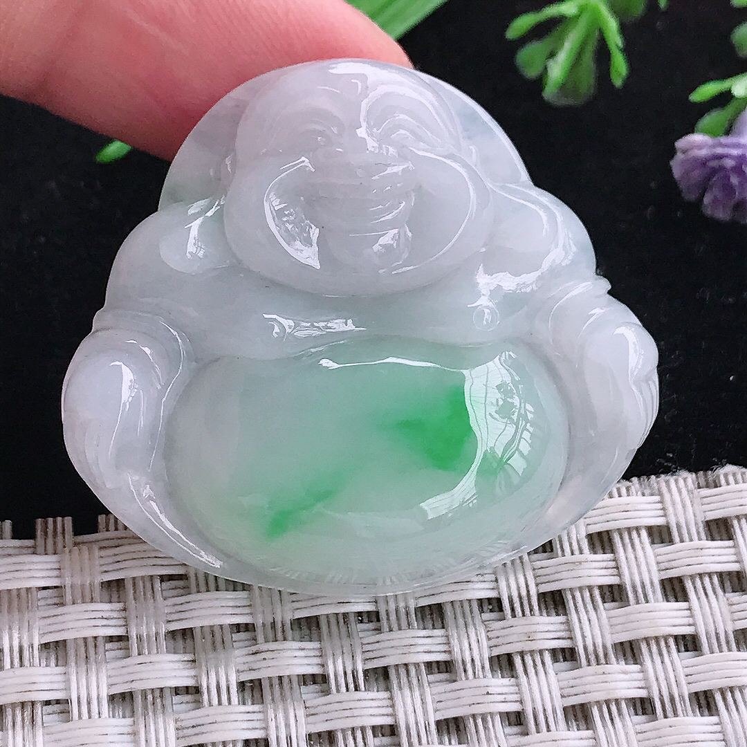实拍A货翡翠36/40/7.8老坑冰润白底青佛公吊坠翡翠挂件玉牌
