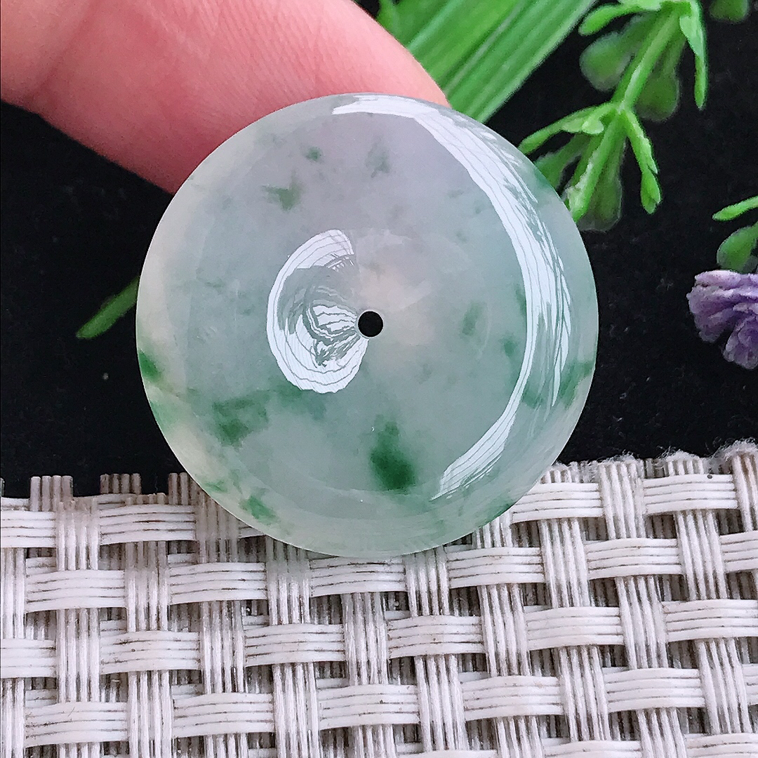 实拍A货翡翠27.6/6老坑冰种飘花平安扣吊坠翡翠玉扣挂件