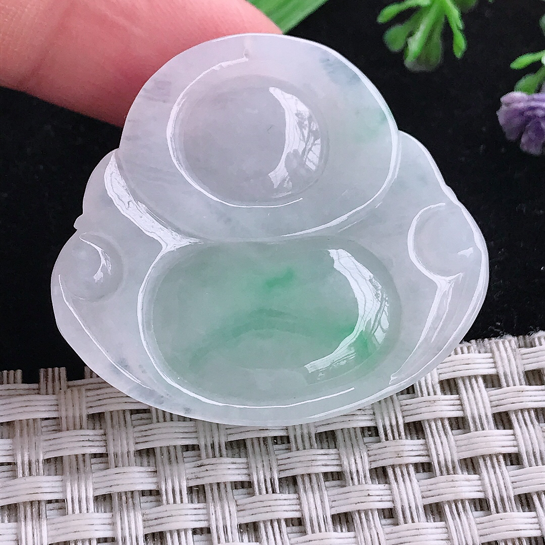 实拍A货翡翠36/40/7.8老坑冰润白底青佛公吊坠翡翠挂件玉牌