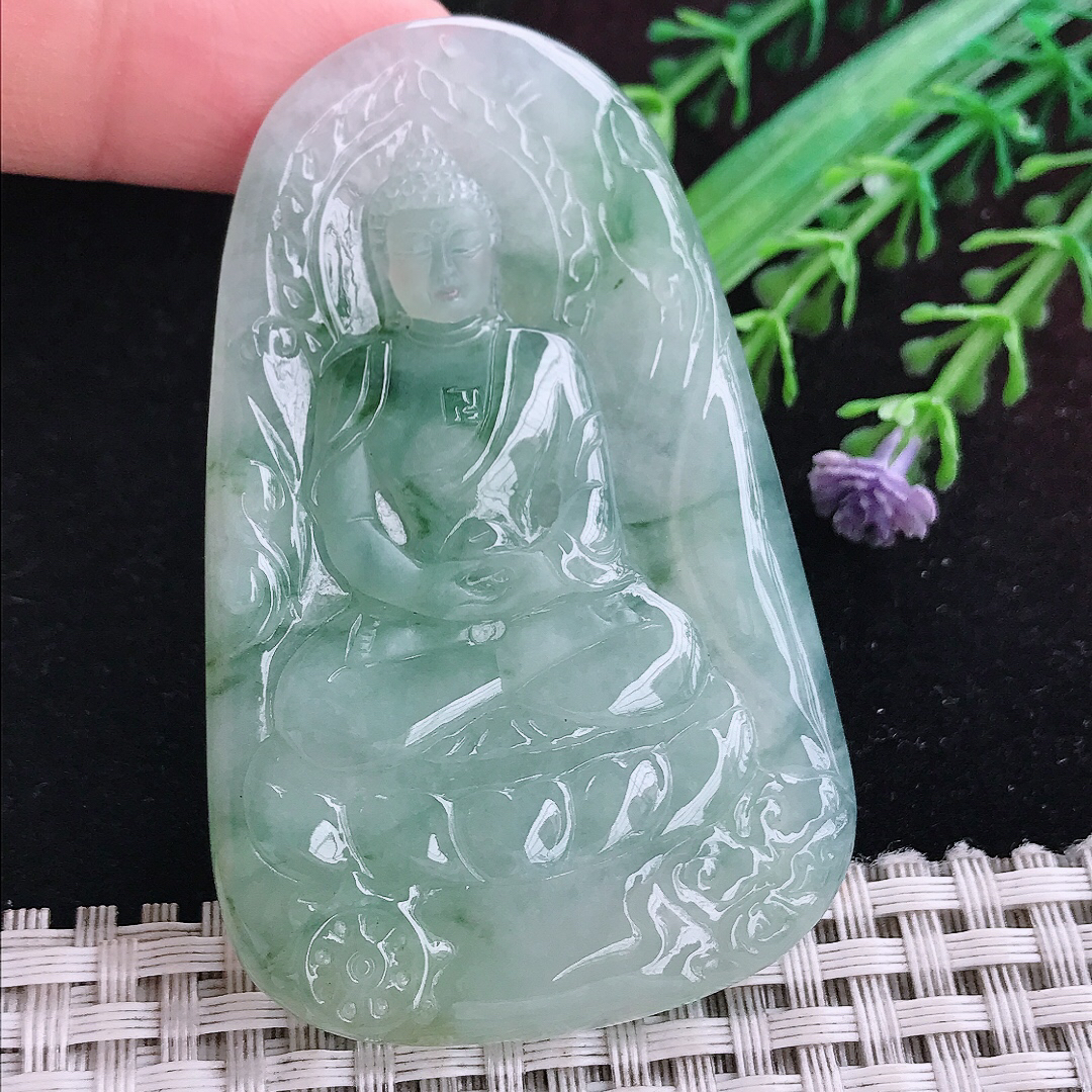 实拍A货翡翠65.5/42.6/5.6老坑冰润起胶冰飘花如来佛祖吊坠翡翠挂件玉牌