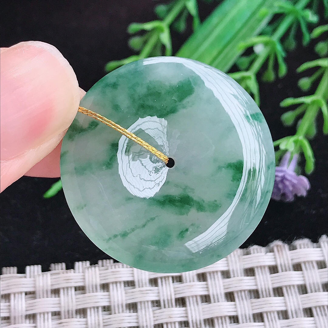 实拍A货翡翠32.4/5.6老坑冰胶冰飘花平安扣吊坠翡翠挂件玉扣