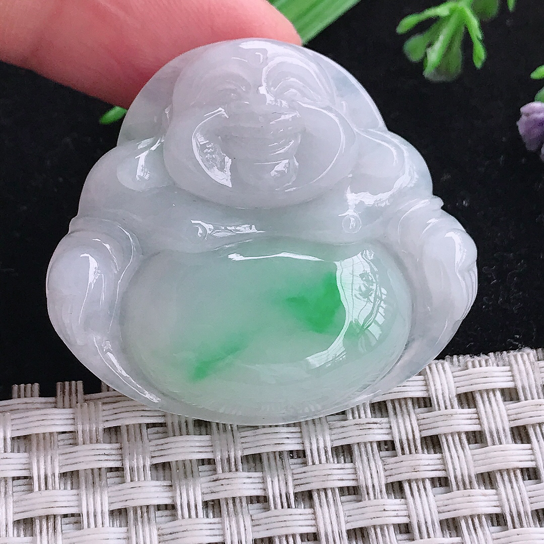 实拍A货翡翠36/40/7.8老坑冰润白底青佛公吊坠翡翠挂件玉牌