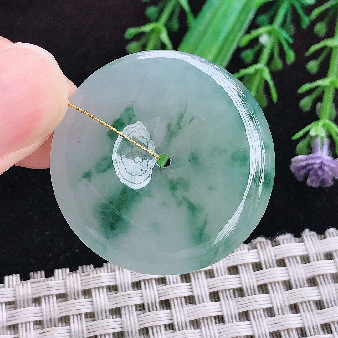 实拍A货翡翠31.2/5.2老坑冰胶果冻冰飘花平安扣吊坠翡翠挂件玉扣