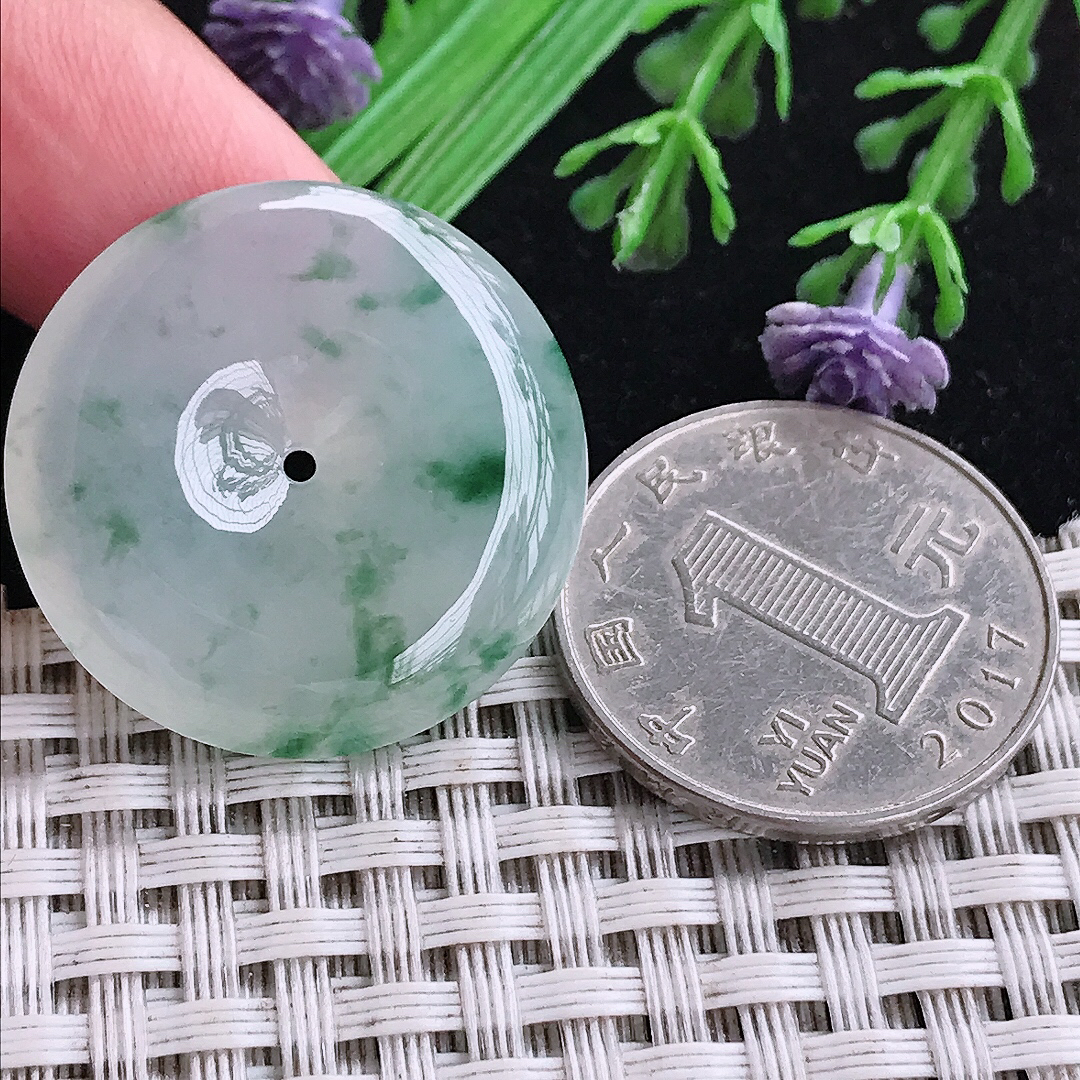 实拍A货翡翠27.6/6老坑冰种飘花平安扣吊坠翡翠玉扣挂件