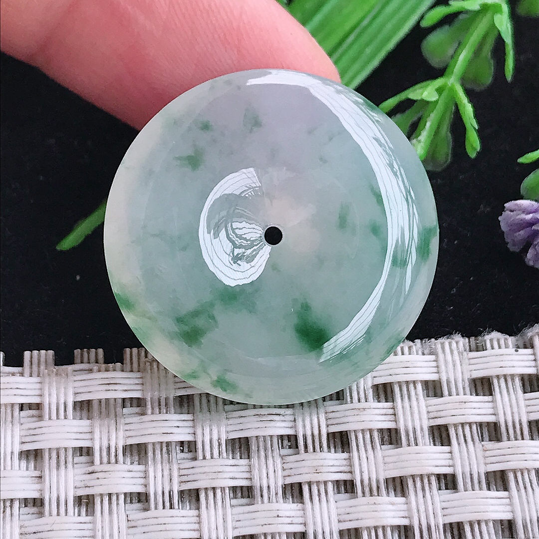 实拍A货翡翠27.6/6老坑冰种飘花平安扣吊坠翡翠玉扣挂件