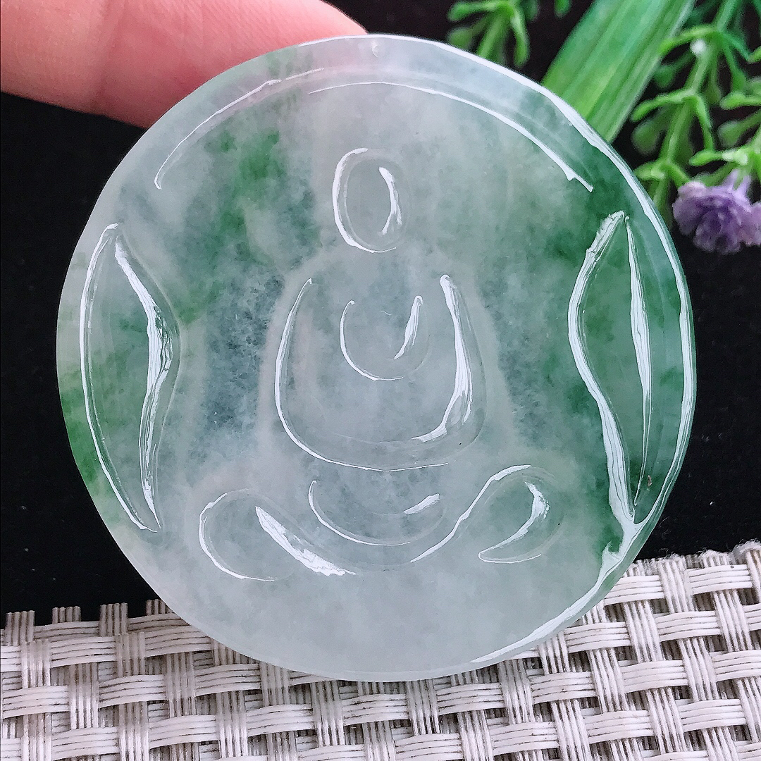 实拍A货翡翠56.3/7.6老坑冰润起胶冰飘花赐福观音吊坠翡翠挂件玉牌