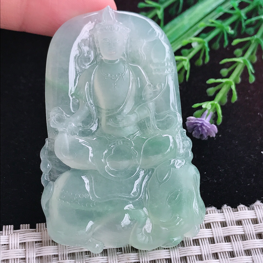 实拍A货翡翠64/42.5/6老坑冰种起胶冰晴普贤菩萨吊坠翡翠玉牌