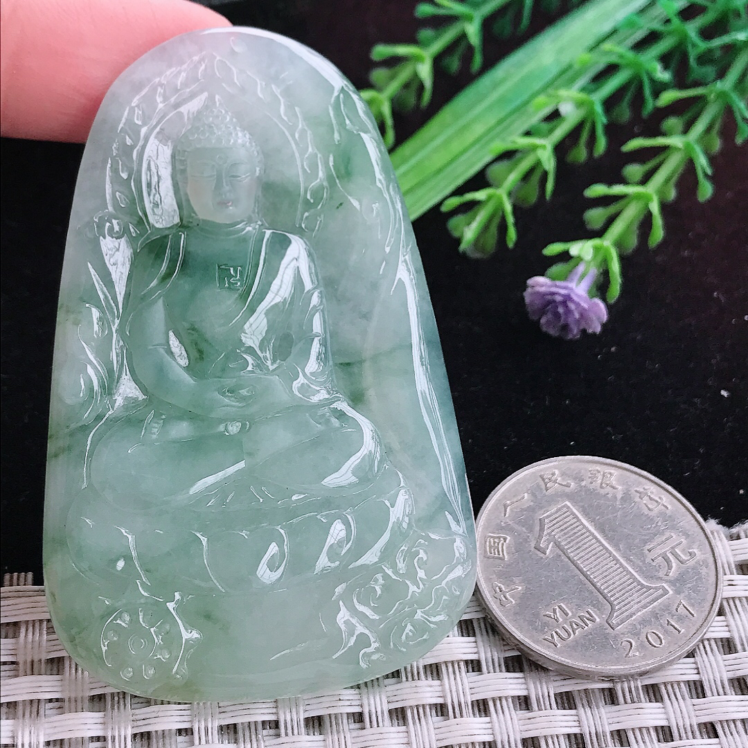 实拍A货翡翠65.5/42.6/5.6老坑冰润起胶冰飘花如来佛祖吊坠翡翠挂件玉牌