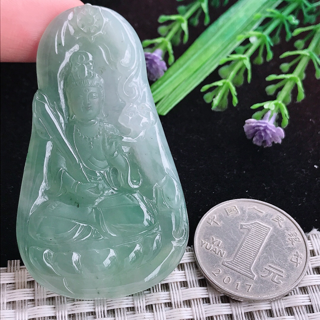 实拍A货翡翠63/37/6老坑冰胶晴底虚空藏菩萨吊坠翡翠挂件玉牌