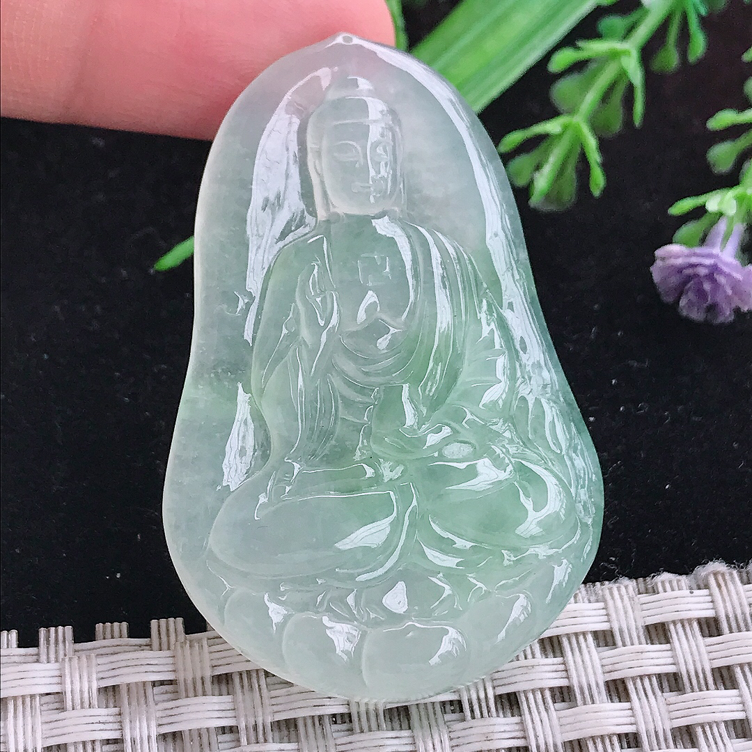 实拍A货翡翠50.5/33.3/6老坑冰种晴底阿弥陀佛吊坠翡翠挂件玉牌