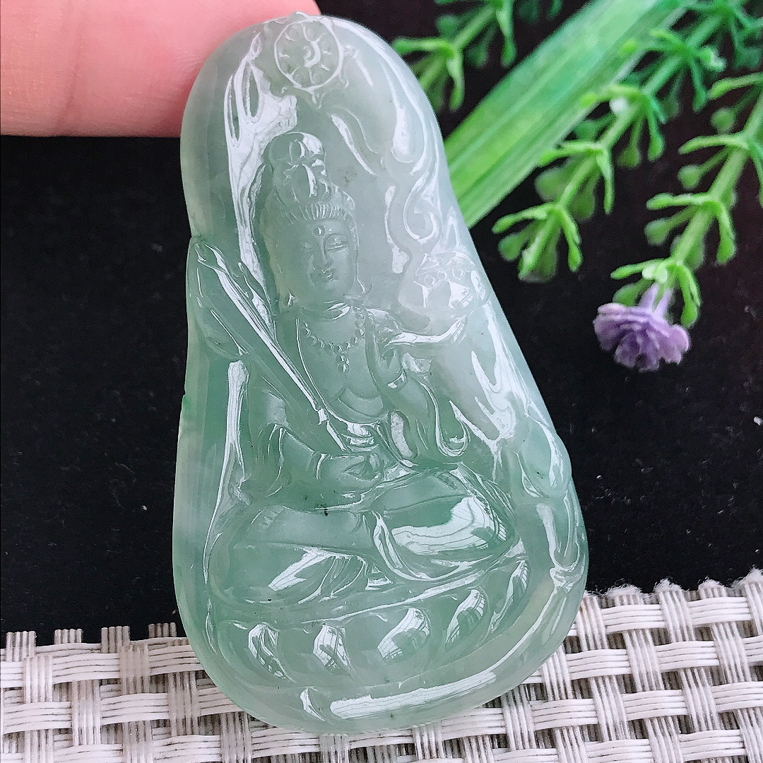 实拍A货翡翠63/37/6老坑冰胶晴底虚空藏菩萨吊坠翡翠挂件玉牌