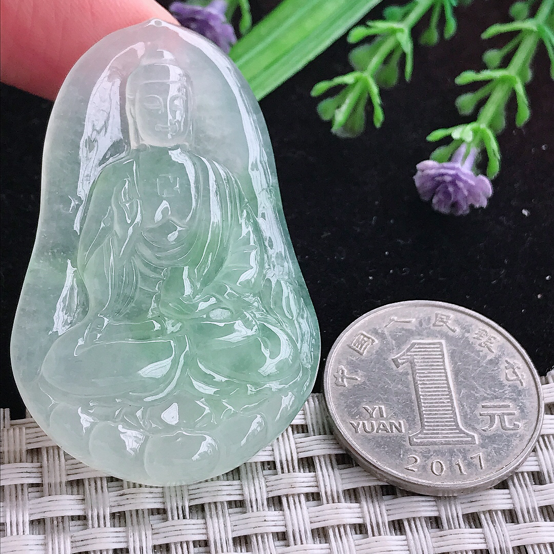 实拍A货翡翠50.5/33.3/6老坑冰种晴底阿弥陀佛吊坠翡翠挂件玉牌