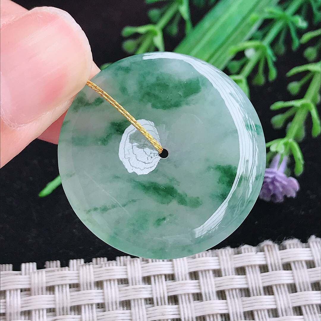 实拍A货翡翠32.4/5.6老坑冰胶冰飘花平安扣吊坠翡翠挂件玉扣