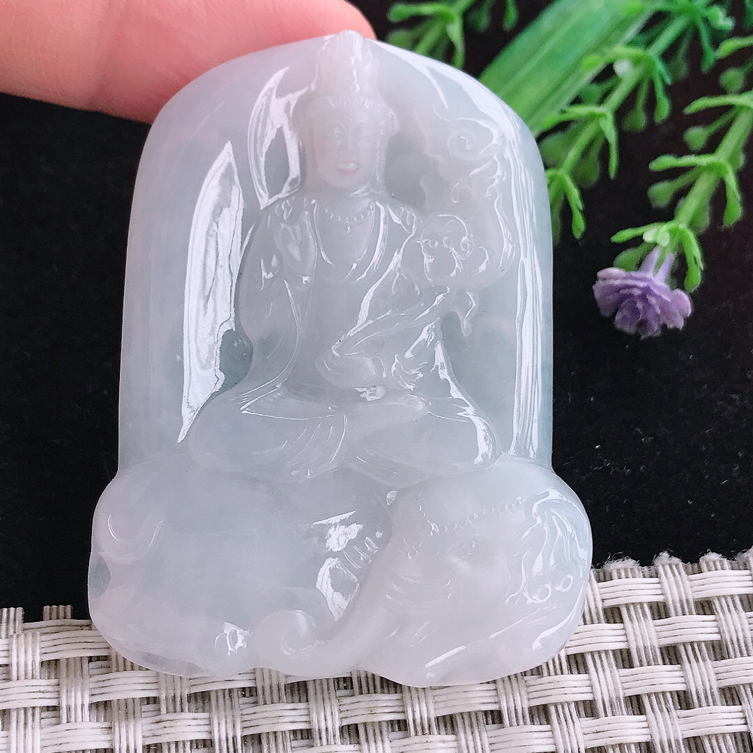 实拍A货翡翠55.8/43.5/5.8老坑冰润起胶白月光普贤菩萨吊坠翡翠挂件