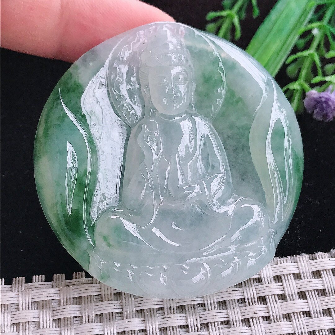 实拍A货翡翠56.3/7.6老坑冰润起胶冰飘花赐福观音吊坠翡翠挂件玉牌