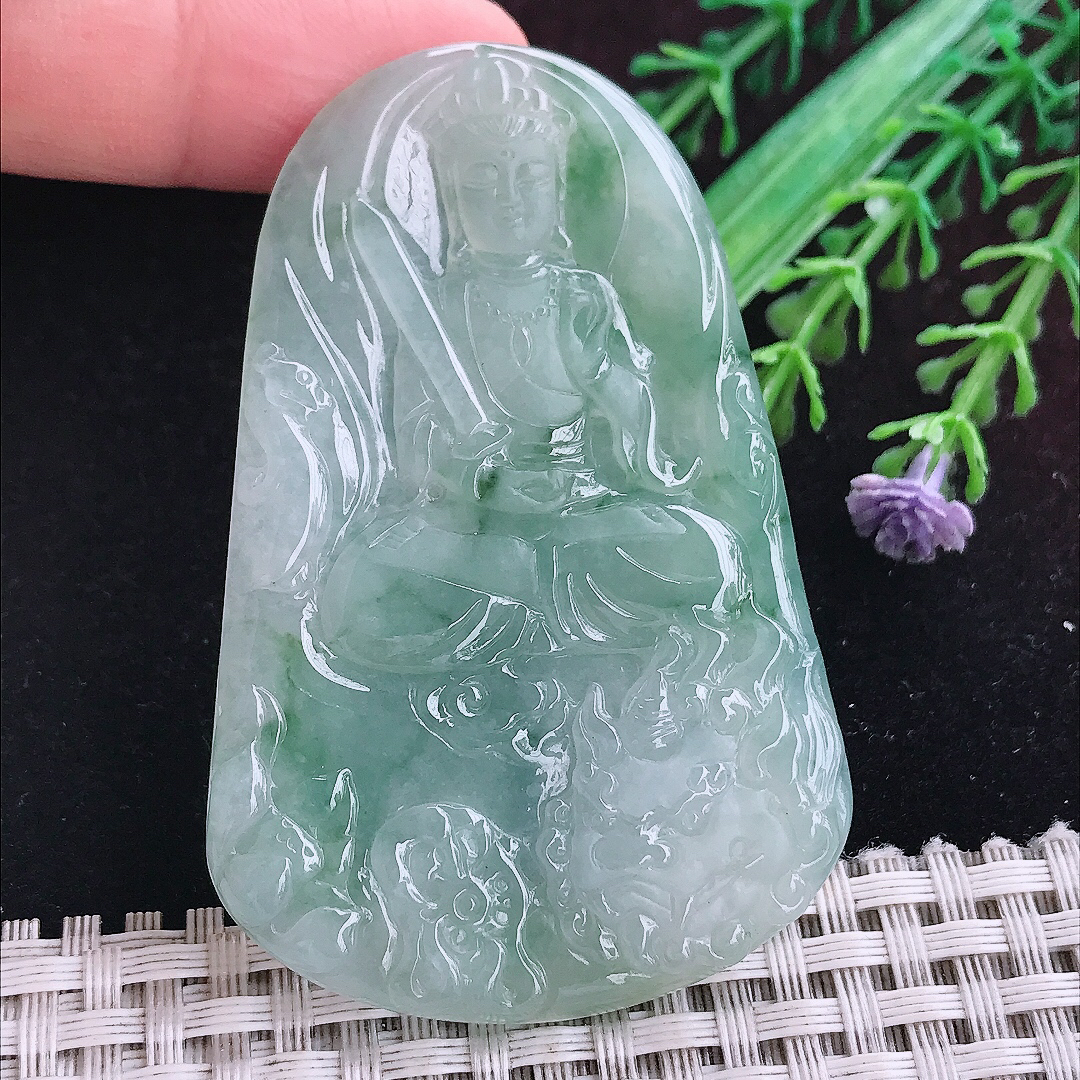 实拍A货翡翠66/43/5.3老坑冰胶飘花文殊菩萨吊坠翡翠挂件玉牌