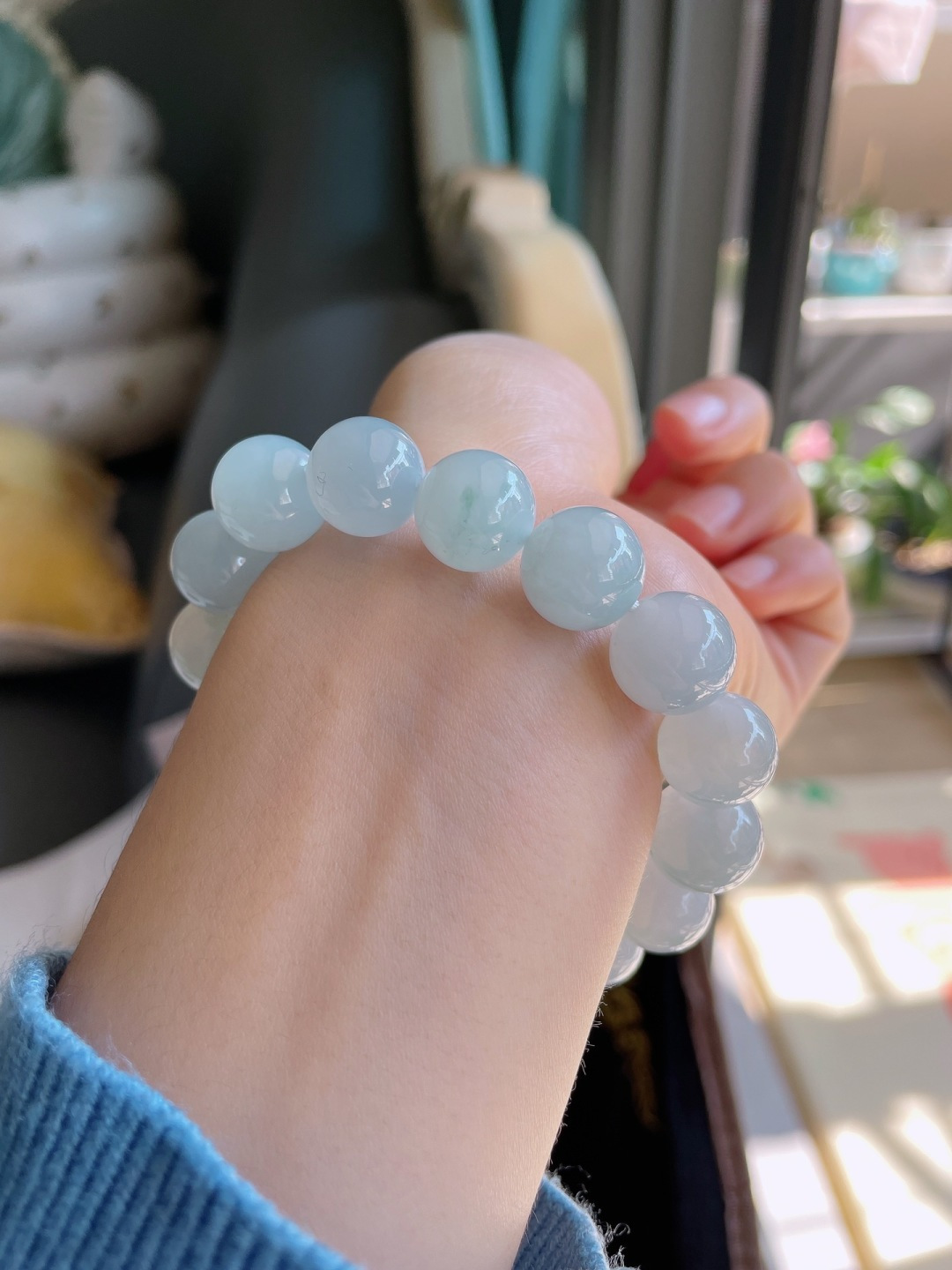 缅甸天然翡翠A货，冰飘花手串，尺寸：12.5mm。-2330