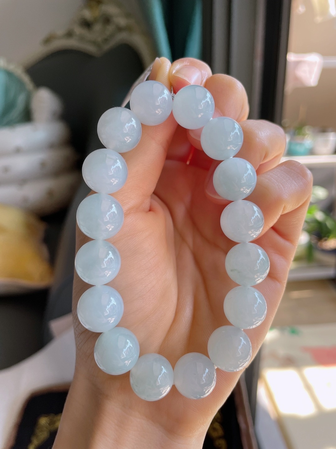 缅甸天然翡翠A货，冰飘花手串，尺寸：12.5mm。-2330