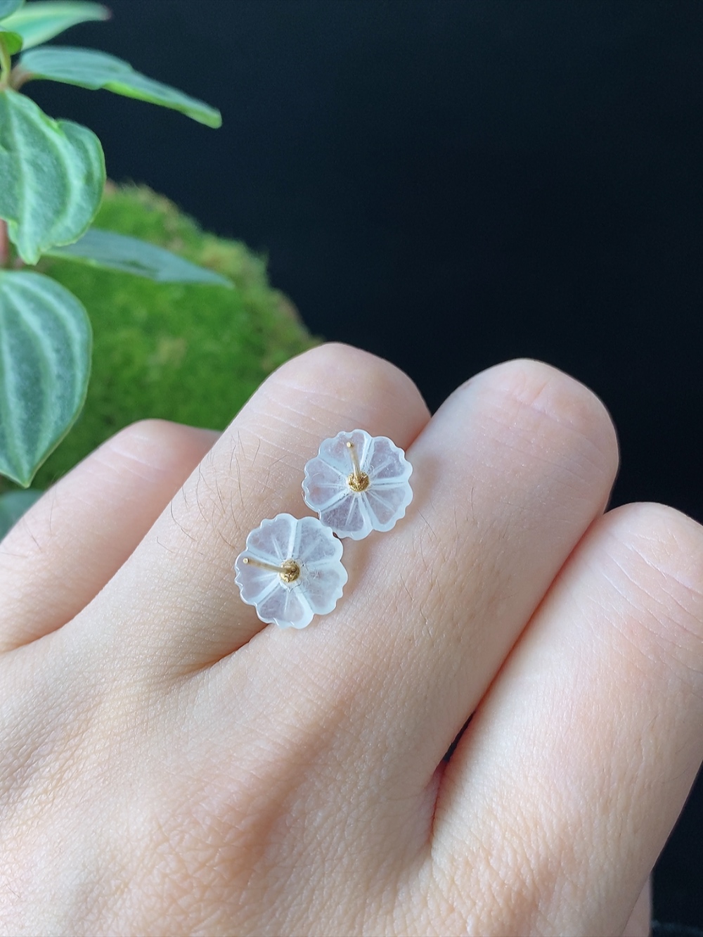18k金镶冰种花开富贵耳钉，无裂，尺寸9.6-1.6mm, 107dgf
