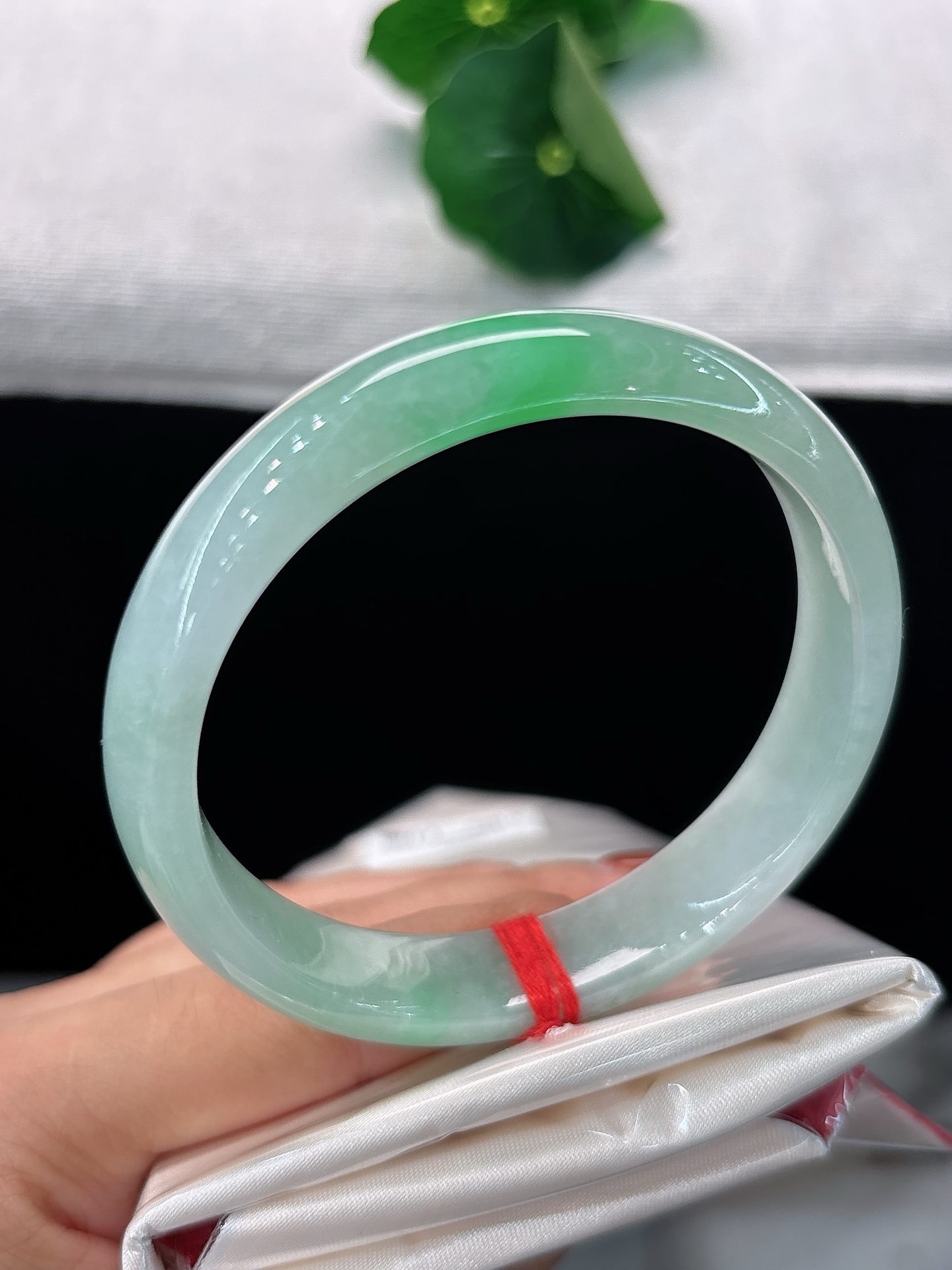 天然翡翠手镯，圈口58.2/12.2/7.1，正圈浅绿为底，一抹阳翠嫣然点染，清逸鲜活，尽显温婉灵秀