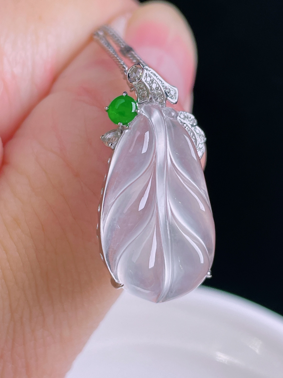 ️高冰树叶，叶子，18k镶嵌，老种起光，细底通透，尺寸：26.4/13/7.3mm0929