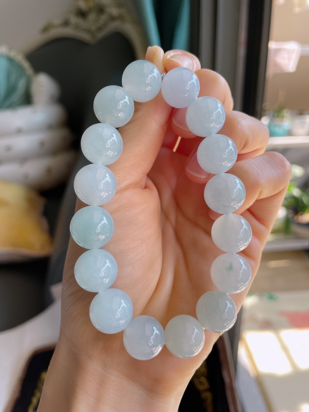 缅甸天然翡翠A货，冰飘花手串，尺寸：12.5mm。-2330