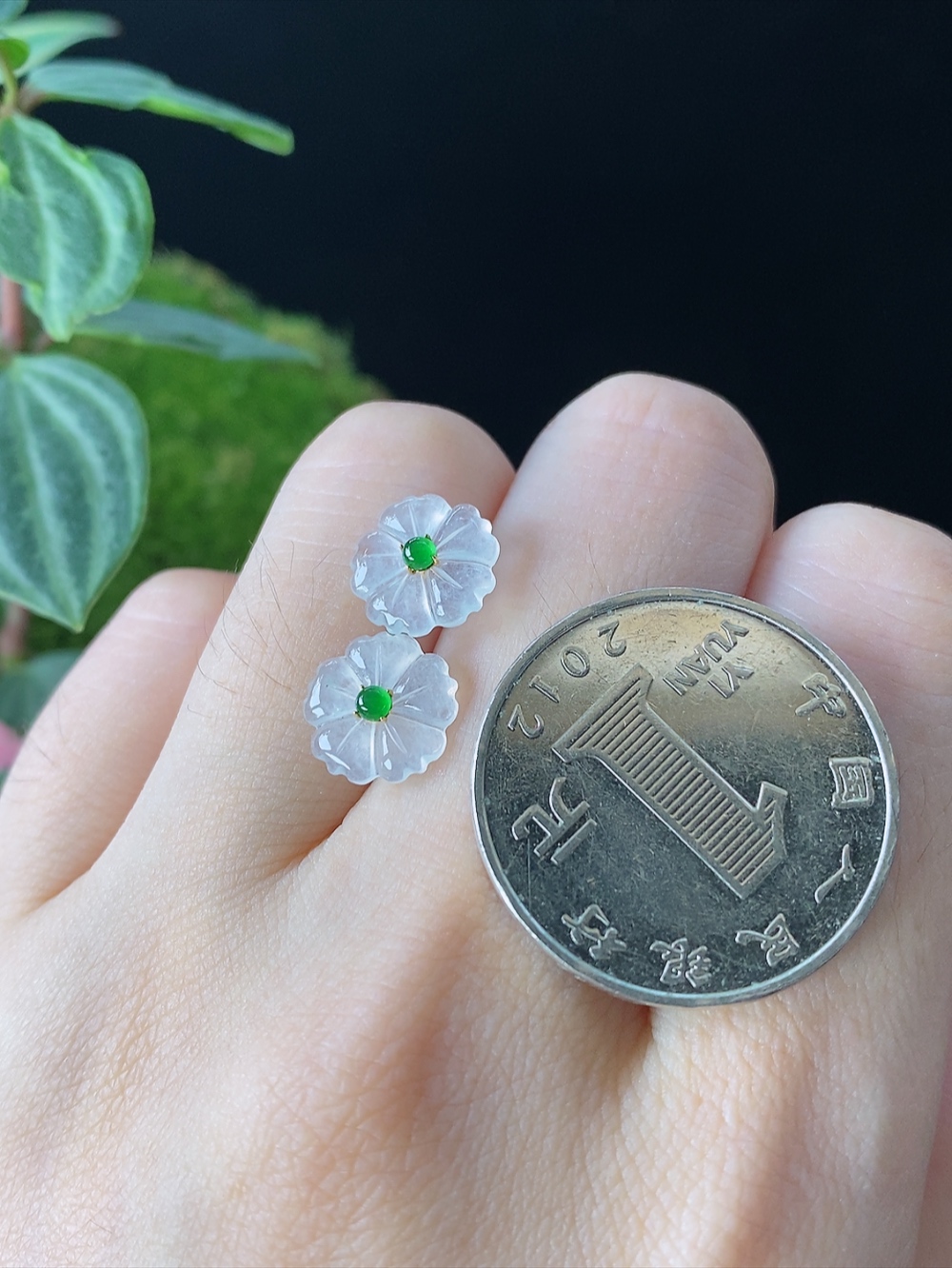 18k金镶冰种花开富贵耳钉，无裂，尺寸9.6-1.6mm, 107dgf