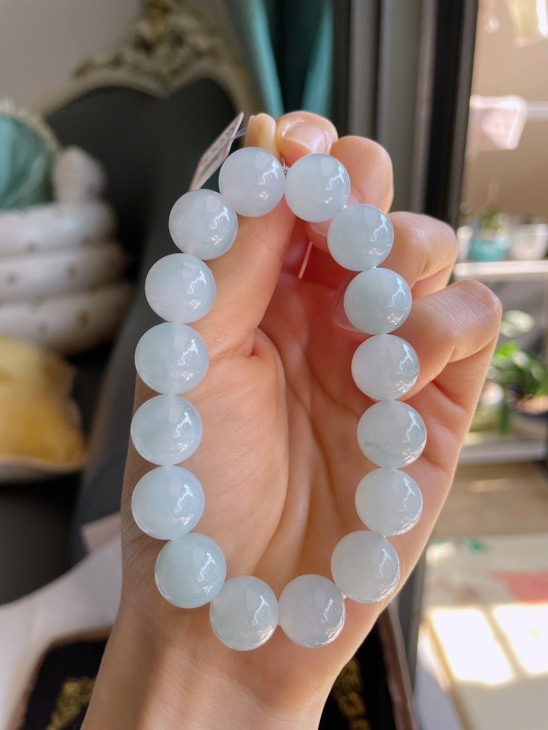 缅甸天然翡翠A货，冰飘花手串，尺寸：12.5mm。-2330