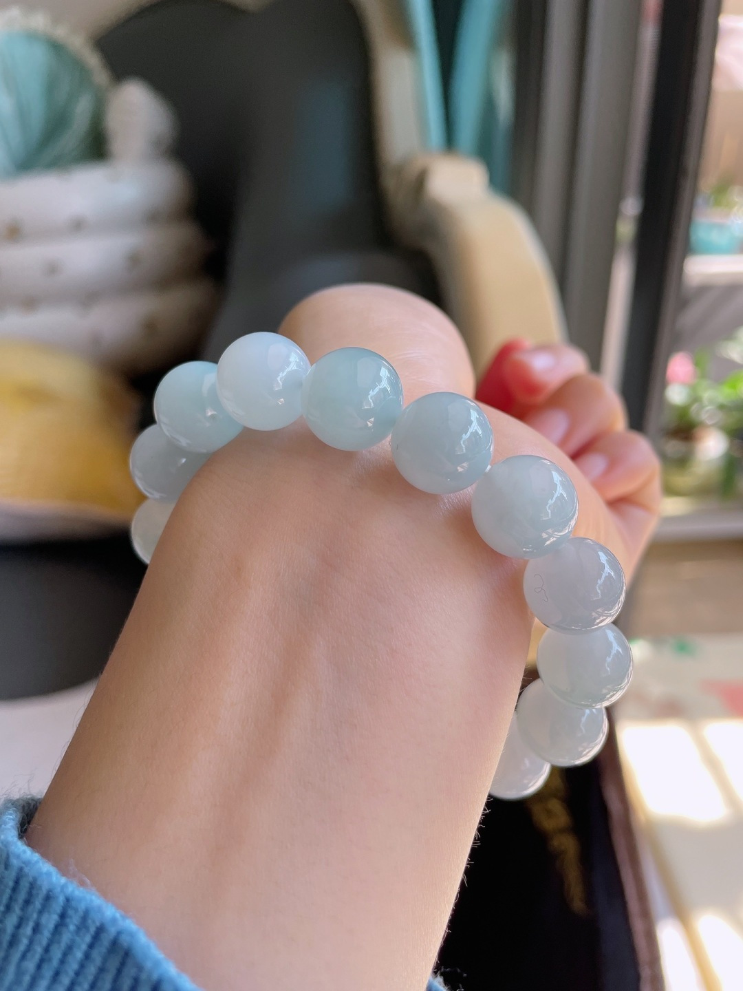 缅甸天然翡翠A货，冰飘花手串，尺寸：12.5mm。-2330