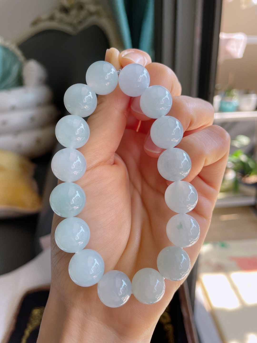 缅甸天然翡翠A货，冰飘花手串，尺寸：12.5mm。-2330