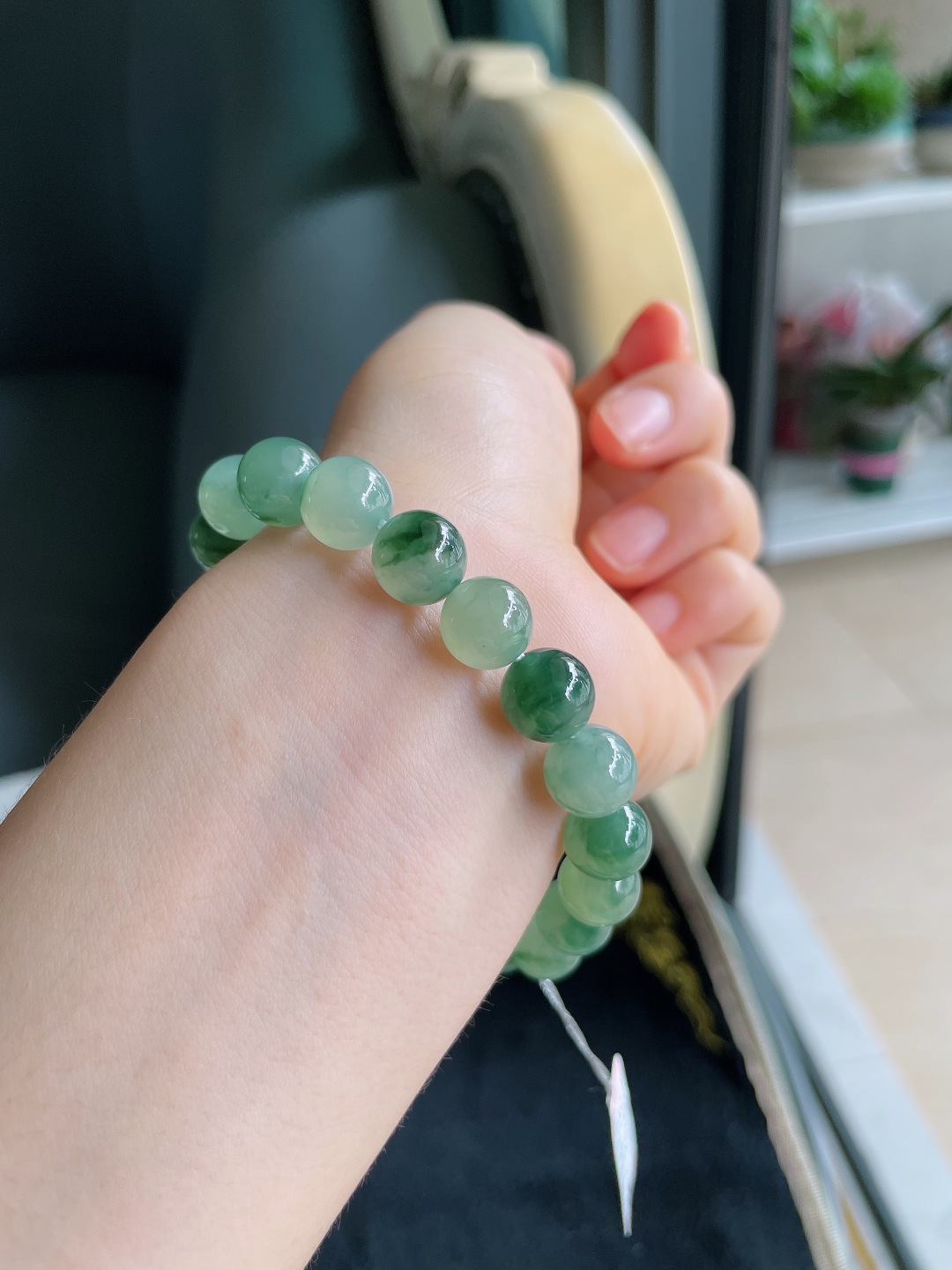 缅甸天然翡翠A货，冰飘花手链，尺寸：9.7mm。【编3742】