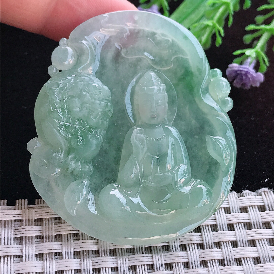 实拍A货翡翠54.5/49/6.8老坑冰透起胶冰晴文殊菩萨吊坠翡翠玉牌挂件