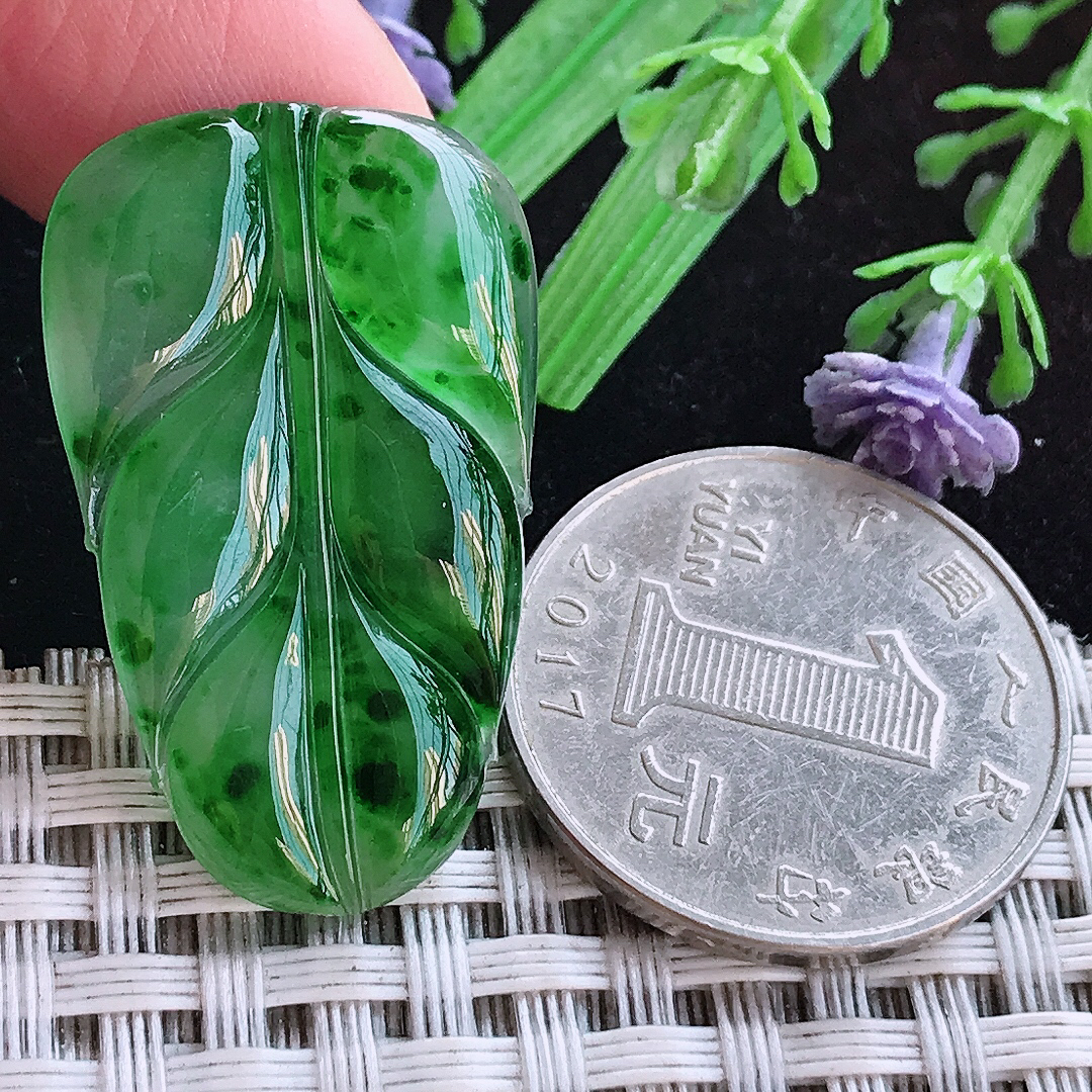 实拍A货翡翠33/20/4.2老坑冰胶满绿辣阳绿叶子镶嵌件吊坠翡翠玉牌挂件