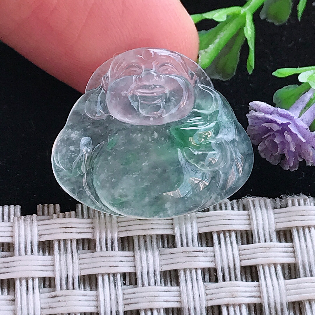 实拍A货翡翠17.8/21/4.1老坑冰种冰飘花佛公镶嵌件吊坠翡翠玉牌挂件