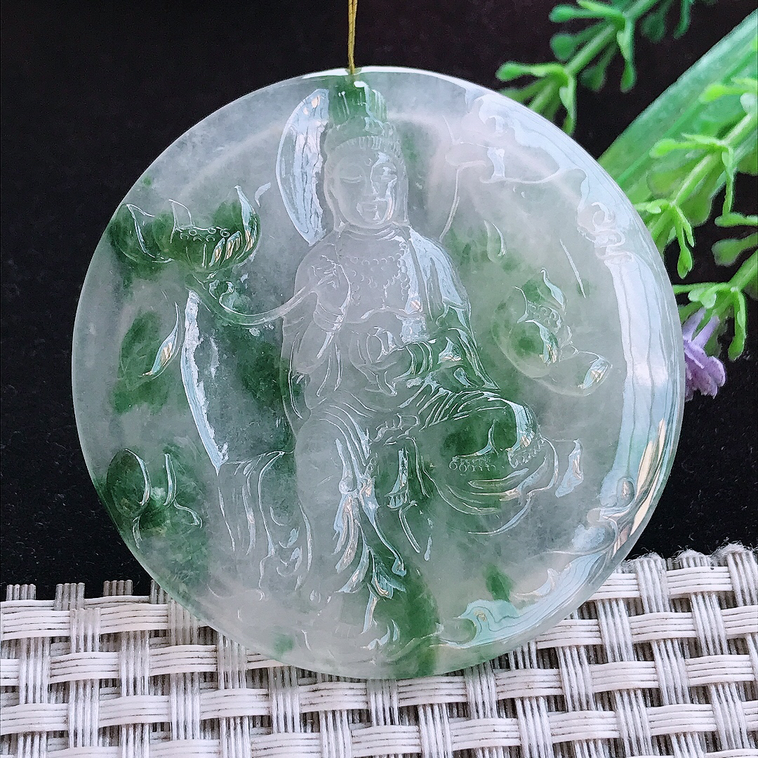 实拍A货翡翠53.2/5.5老坑冰胶冰飘花赐福观音吊坠翡翠玉牌挂件