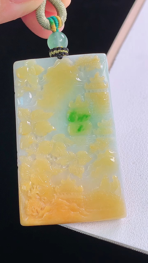 ️三彩山水牌，无裂，尺寸:52.6-33.6-7.1mm 6